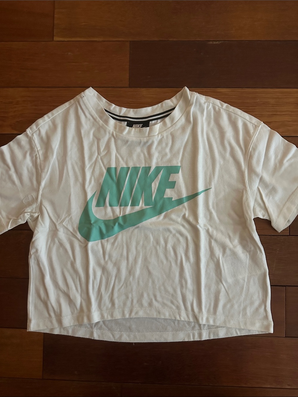 Nike White Cropped Tee with Mint Green Swoosh Logo